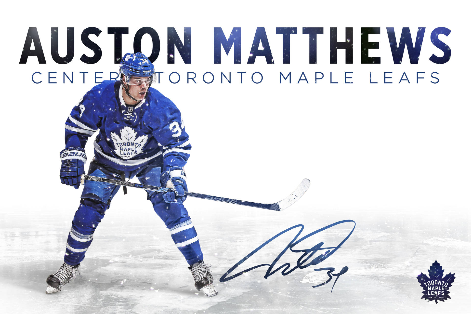 奧斯頓·馬修斯簽名 壁紙 — Auston Matthews 穿上多倫多楓葉隊裝備，在冰上準備就緒，手持曲棍球桿，下方有簽名。