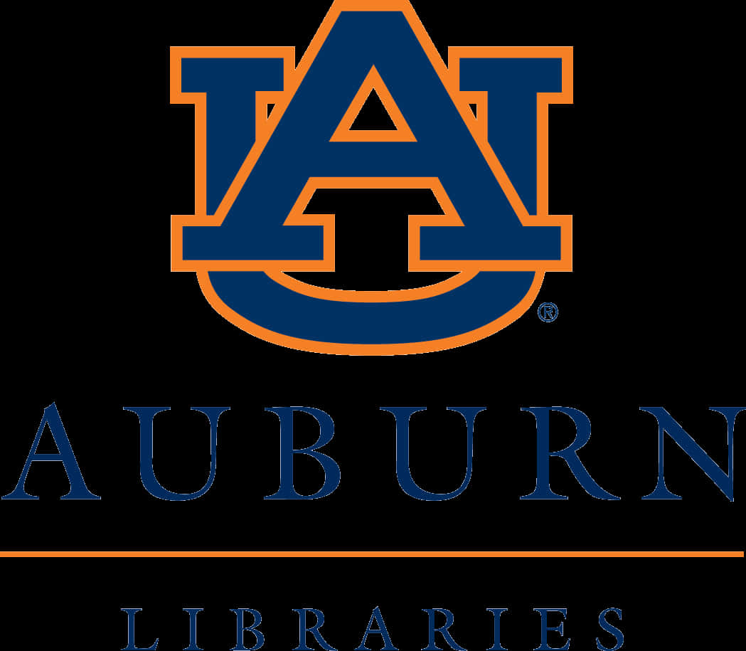 奧本大學圖書館標誌 壁紙 — 大膽的藍色和橙色Auburn Libraries標誌，帶有風格化的'AU'標誌，背景為黑色。