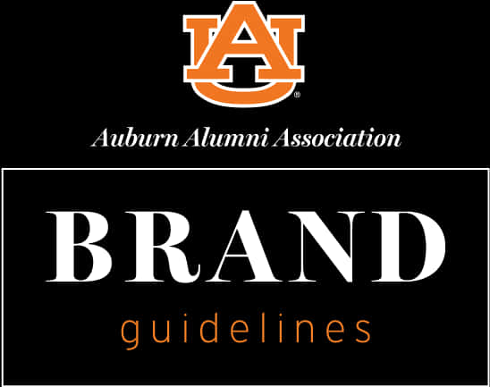 奧本大學校友會品牌指南 壁紙 — 黑色背景，帶有橙色和白色的Auburn Alumni Association品牌指引文字和標誌。