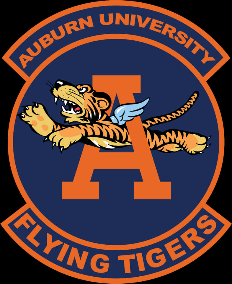 奧本大學飛虎隊標誌 壁紙 — 一個大膽嘅Auburn University Flying Tigers標誌，展示一隻凶猛嘅橙色老虎展開翅膀，喺海軍藍圓形背景上翱翔喺一個大字母A之上。