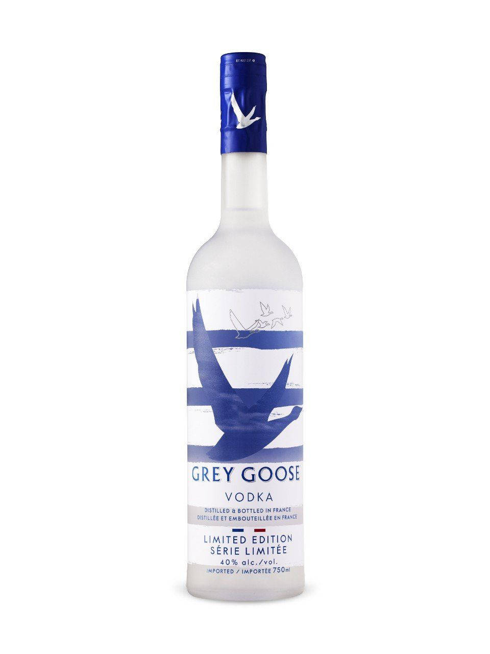 Grey Goose 伏特加酒瓶，帶有藍色瓶蓋和鵝的設計