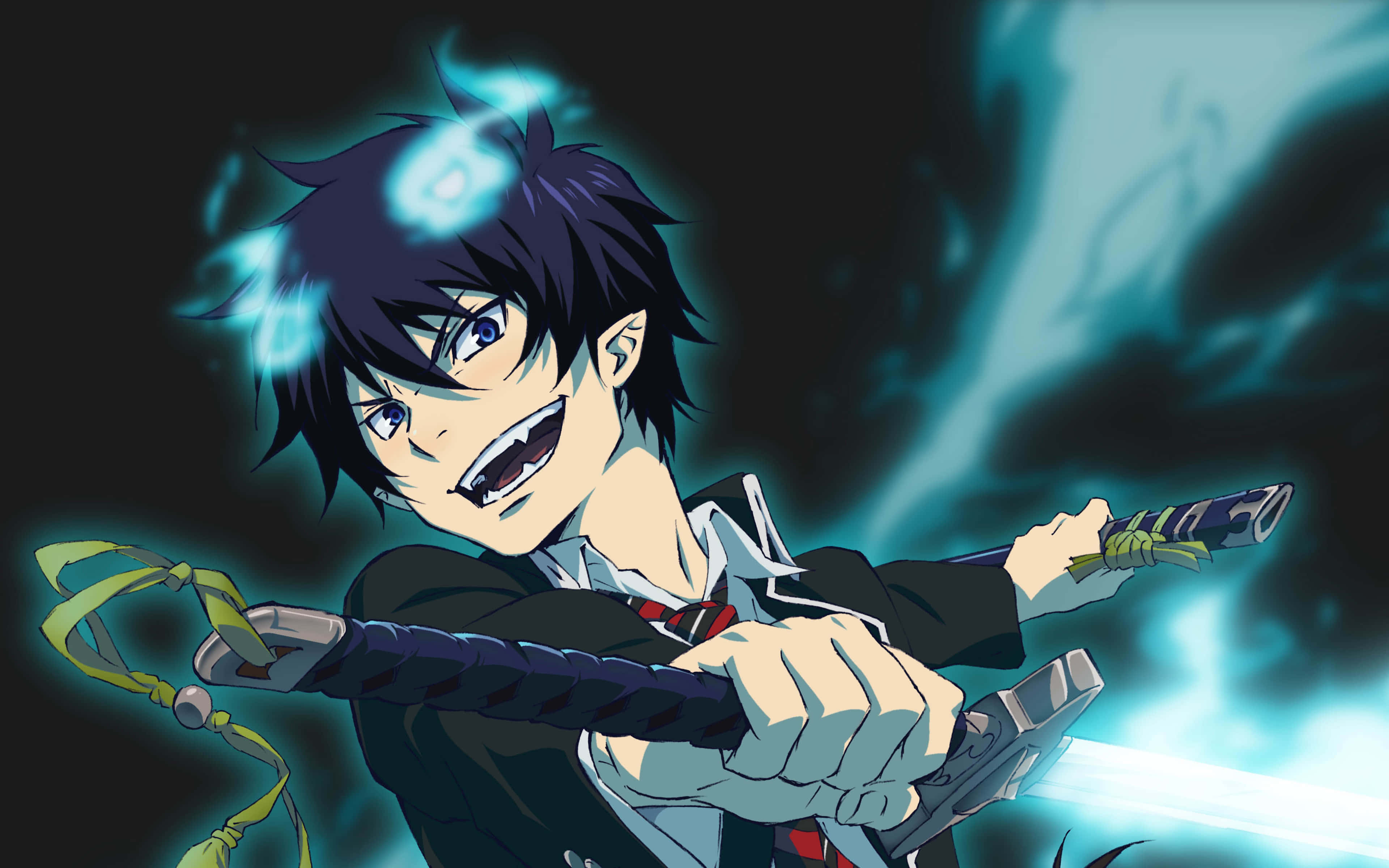 奧村燐展現其藍色驅魔師的惡魔力量 壁紙 — 一個決心堅定的動畫男孩，黑髮，在暴風雨般的青綠色背景中揮舞著發光的劍。
