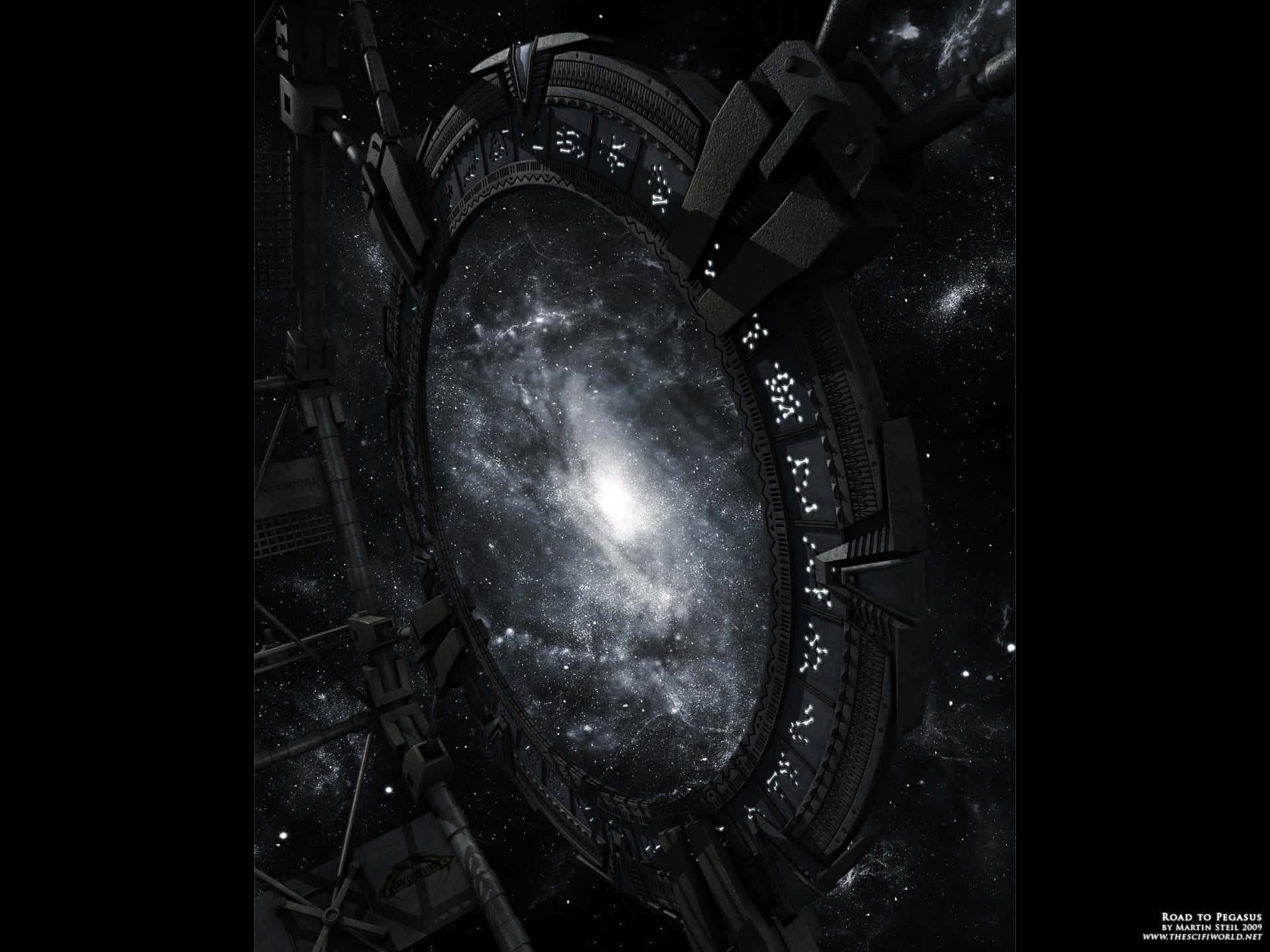 未來感環形觀測站框住太空中的螺旋星系