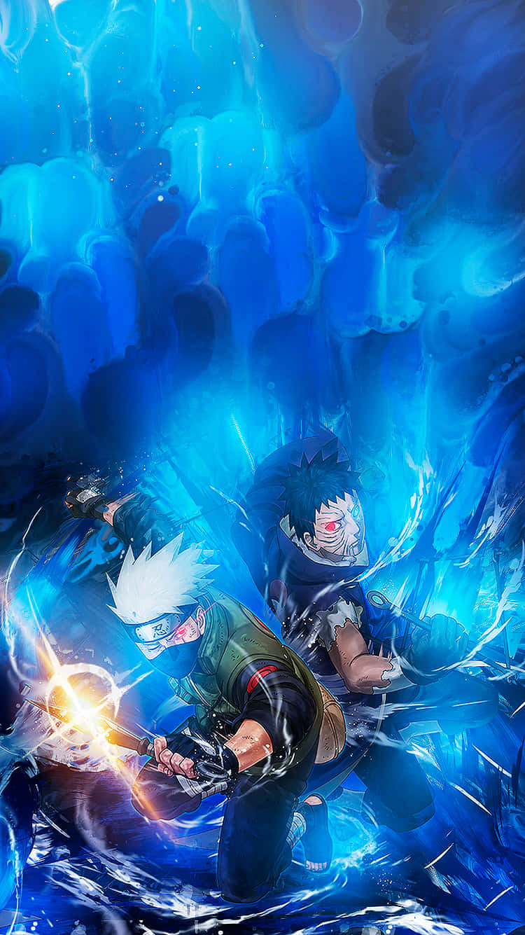 奧比特· Susanoo 壁紙 — 兩位動漫戰士在動態藍色能量風暴中碰撞，帶有發光的查克拉效果和強烈的表情。
