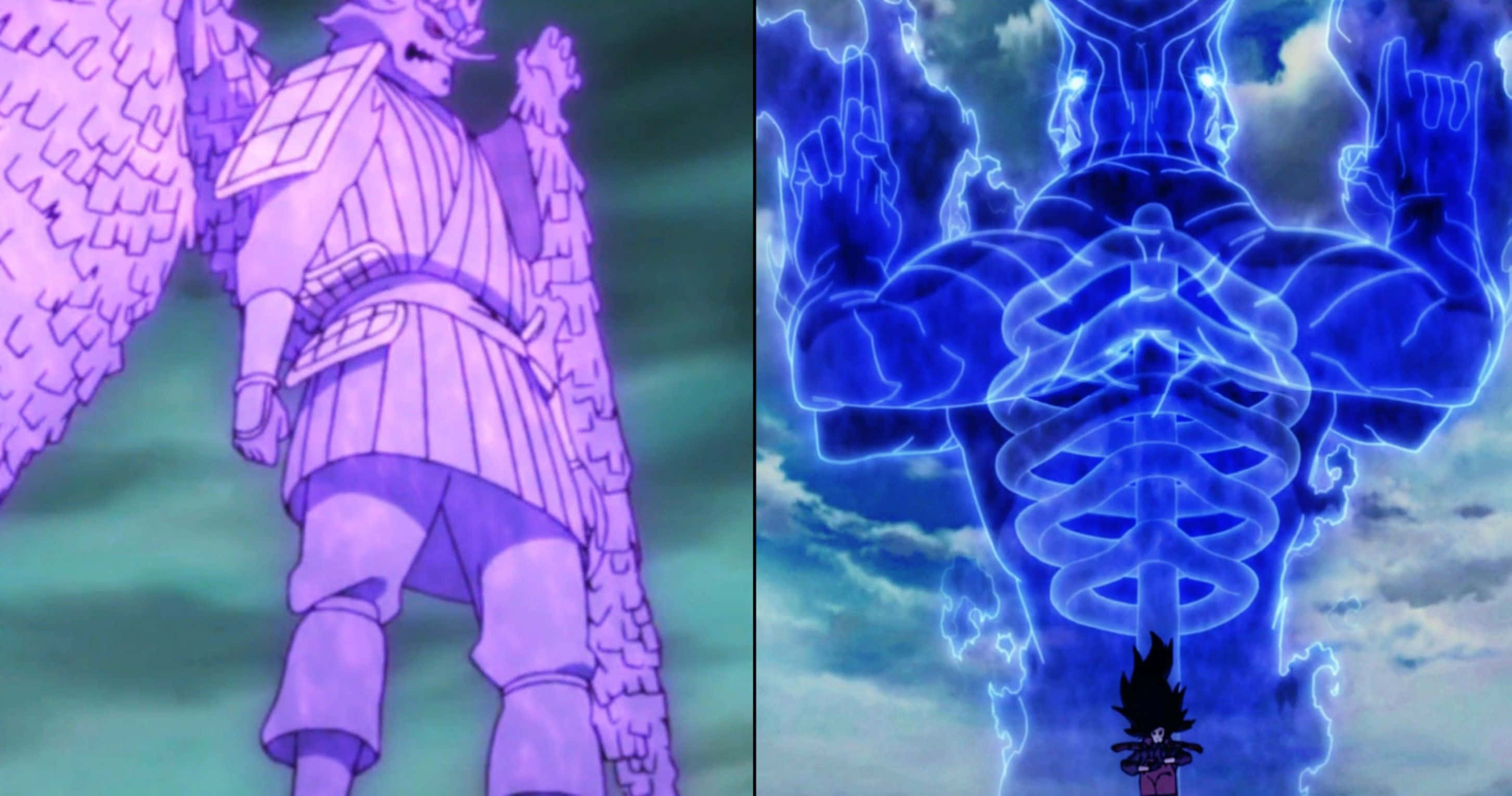 奧比特· Susanoo 壁紙 — 兩個動漫角色在暴風雨的天空下釋放出強大的發光變身，一個紫色，一個藍色。