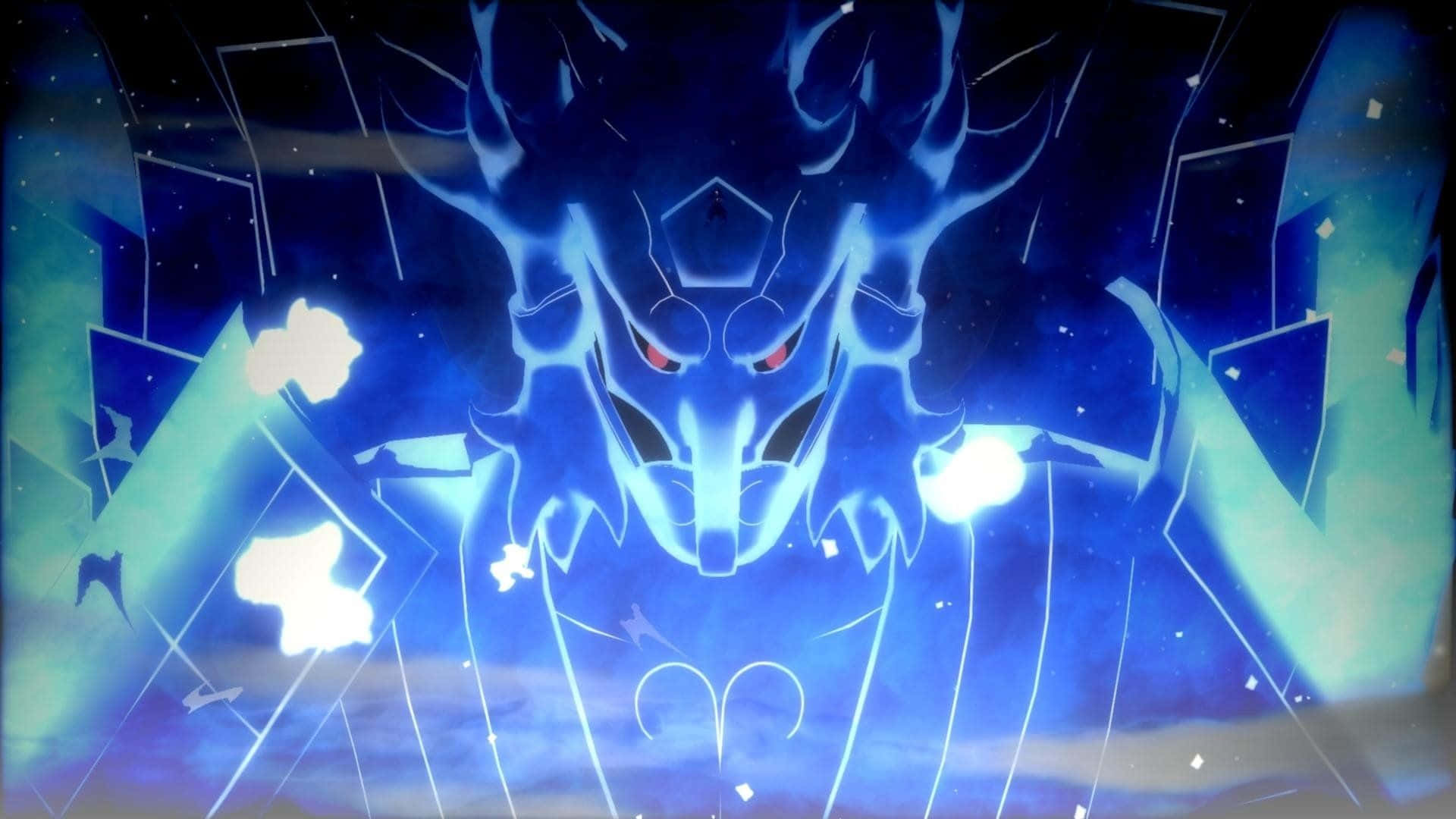 奧比特· Susanoo 壁紙 — 一隻發光藍色紅眼龍從破碎玻璃中出現，背景是宇宙夜空。
