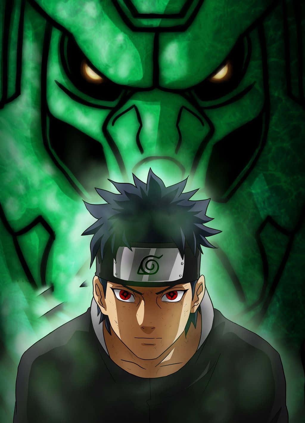 奧比特· Susanoo 壁紙 — 一個決心堅定的動漫忍者，紅眼睛，戴著頭帶，站在一個帶有發光黃眼睛的綠色查克拉怪物面前。