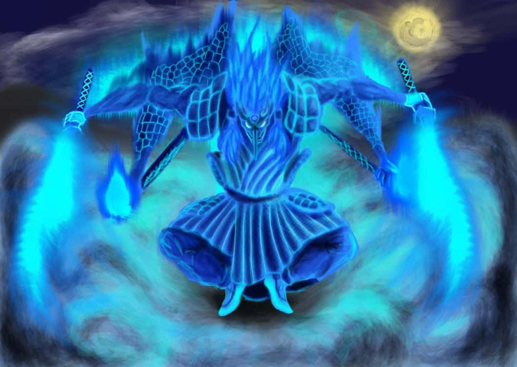 奧比特· Susanoo 壁紙 — 一個發光的藍色裝甲人物，有多隻手臂和劍，以冥想姿勢坐著，周圍環繞著旋轉的能量和一彎新月。