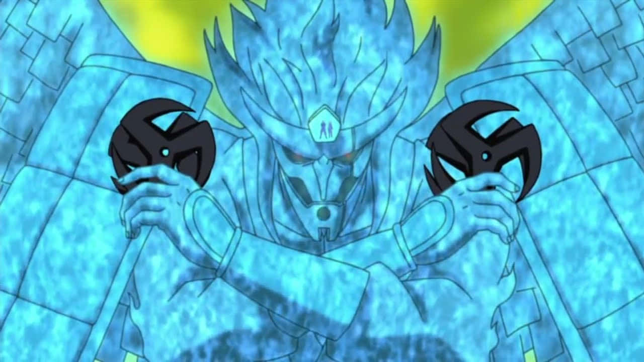 奧比特· Susanoo 壁紙 — 一個藍色動畫忍者，有尖刺頭髮和黑色面具狀物體，手持發光黃色背景。