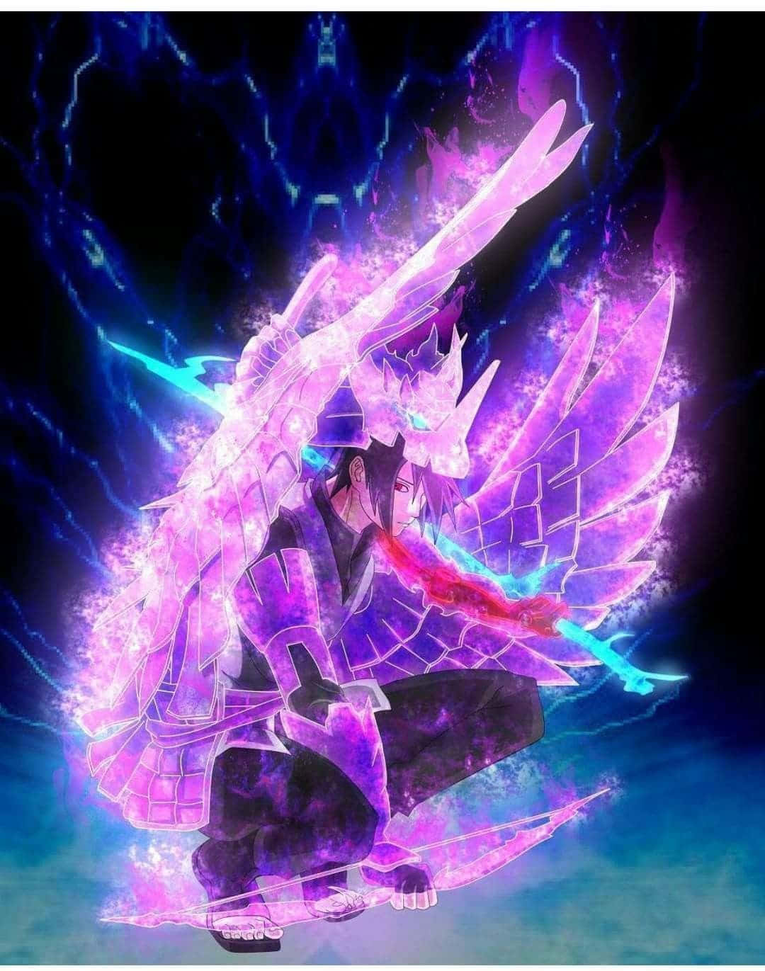 奧比特· Susanoo 壁紙 — 一個發光的動漫戰士，擁有紫色翅膀和藍色閃電，背景是黑暗的宇宙。
