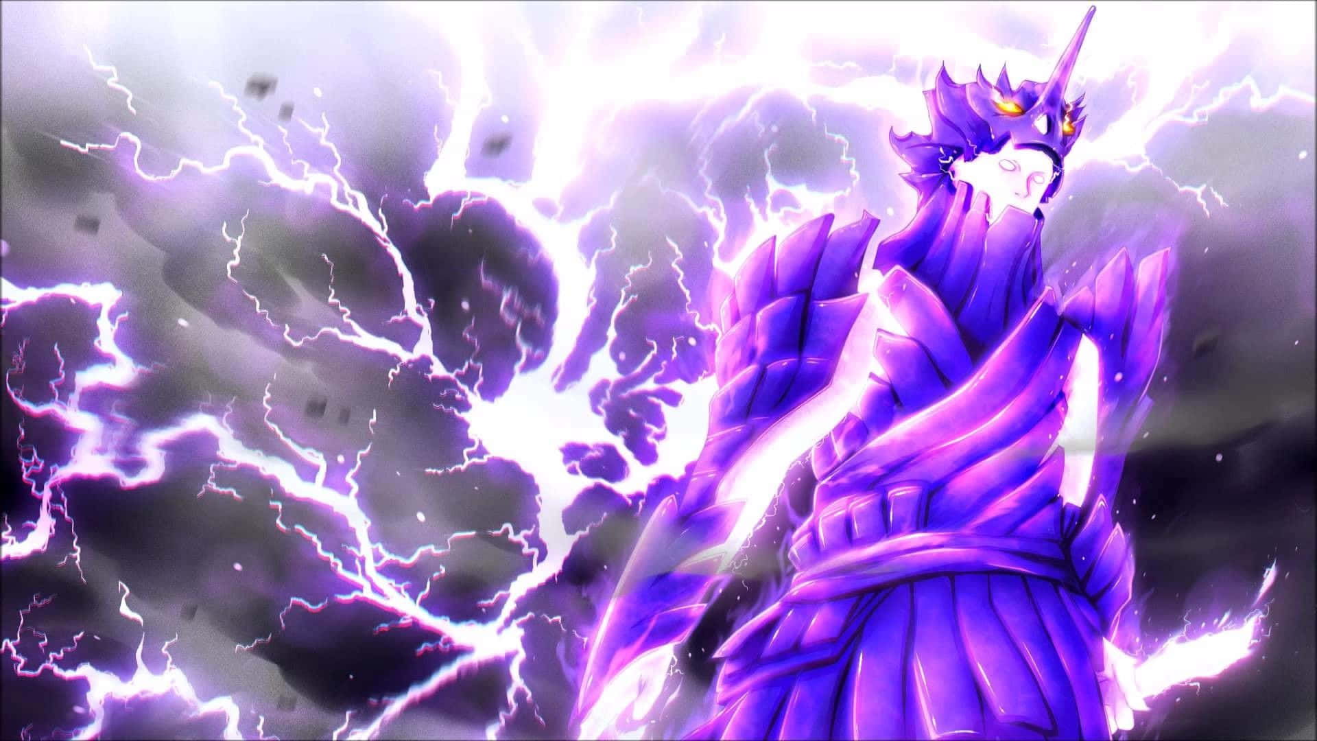 奧比特·宇智波釋放 Susanoo 的力量 壁紙 — 一位身穿紫色盔甲的動漫戰士，雙眼發光，在風暴天空下站在噼啪作響的閃電之中。