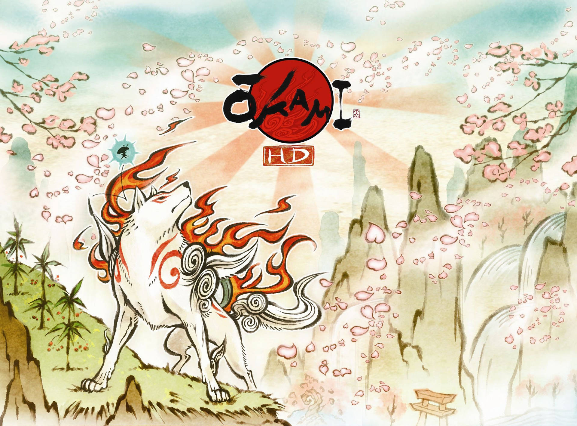 一隻神話般的白狼，擁有火焰般的鬃毛，在櫻花下對著山巒日落嚎叫。