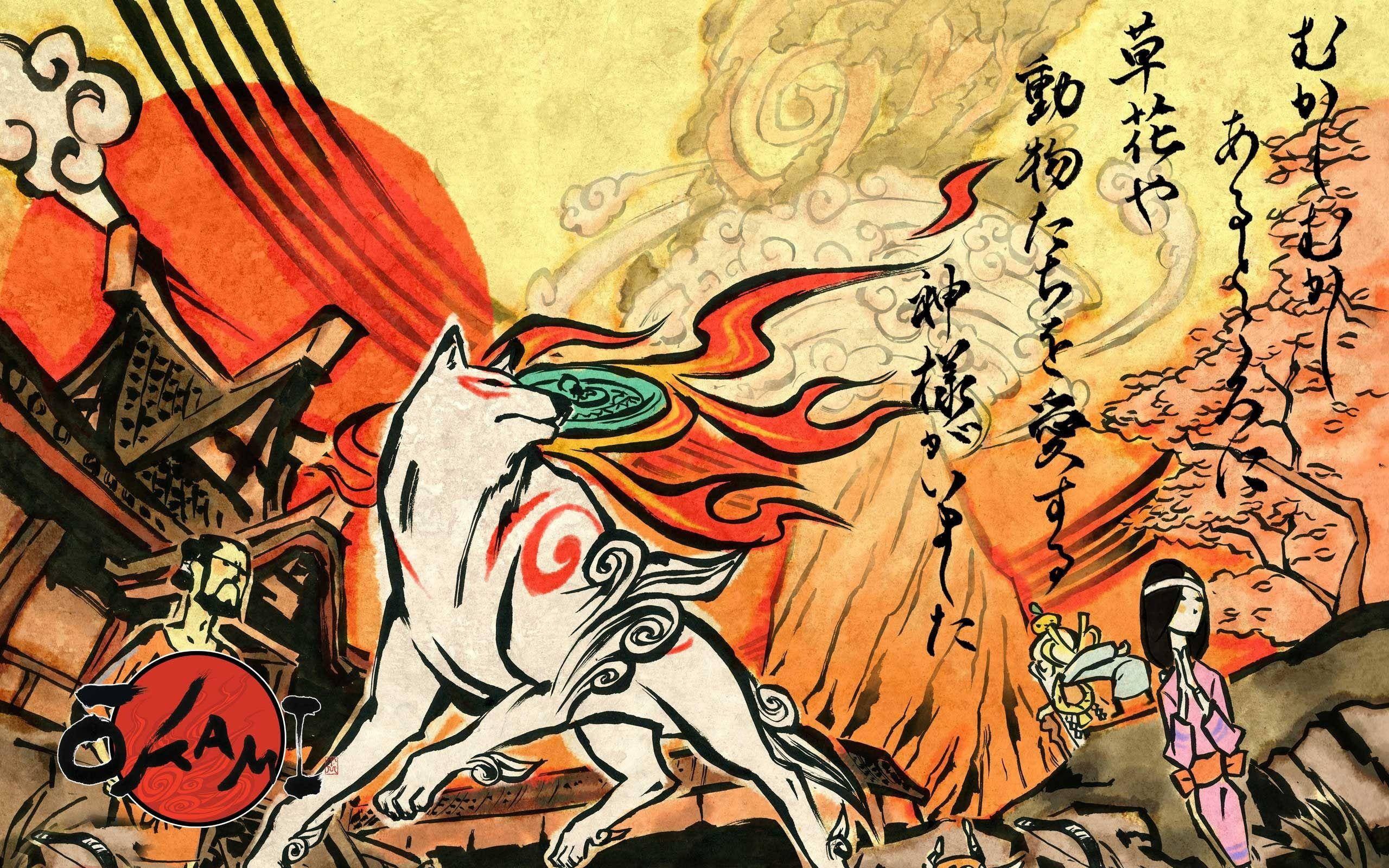 《奧米加》遊戲中的九尾狐卡通畫 壁紙 — 一幅動感十足的日式插畫，描繪一隻帶有紅色標記的白狐靈在火焰雲和傳統建築之間跳躍。