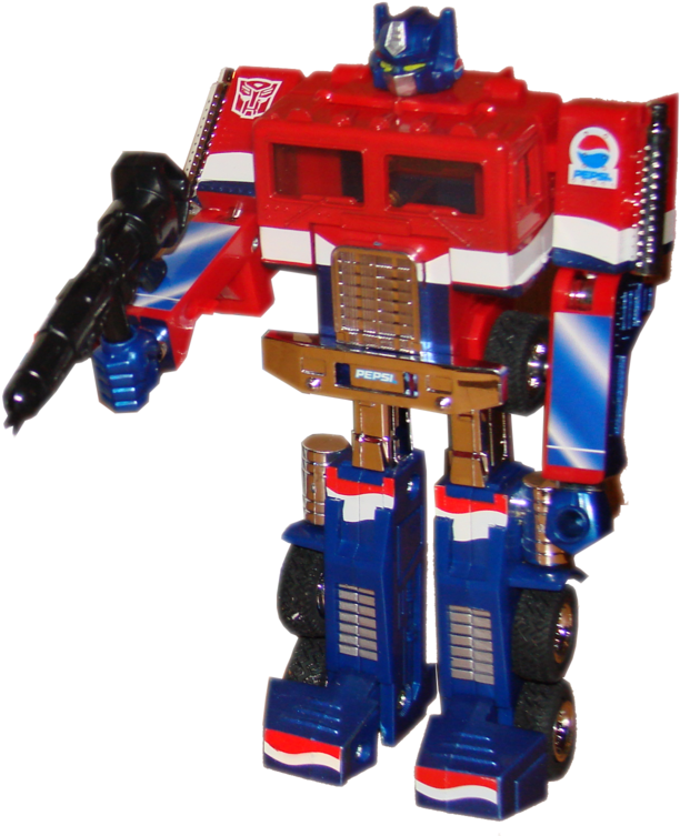 奧米加百事可樂版動作人偶 壁紙 — 一個紅色、藍色和銀色的Optimus Prime玩具機械人，帶有Pepsi品牌標誌和黑色大炮手臂，背景為黑色。