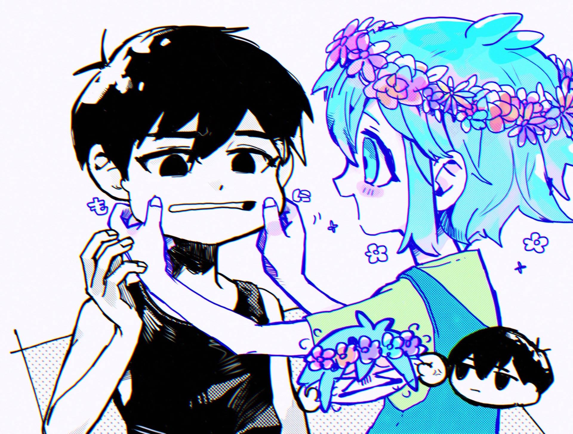 藍髮動漫女孩戴著花冠，輕輕捧著一個黑髮男孩的臉。