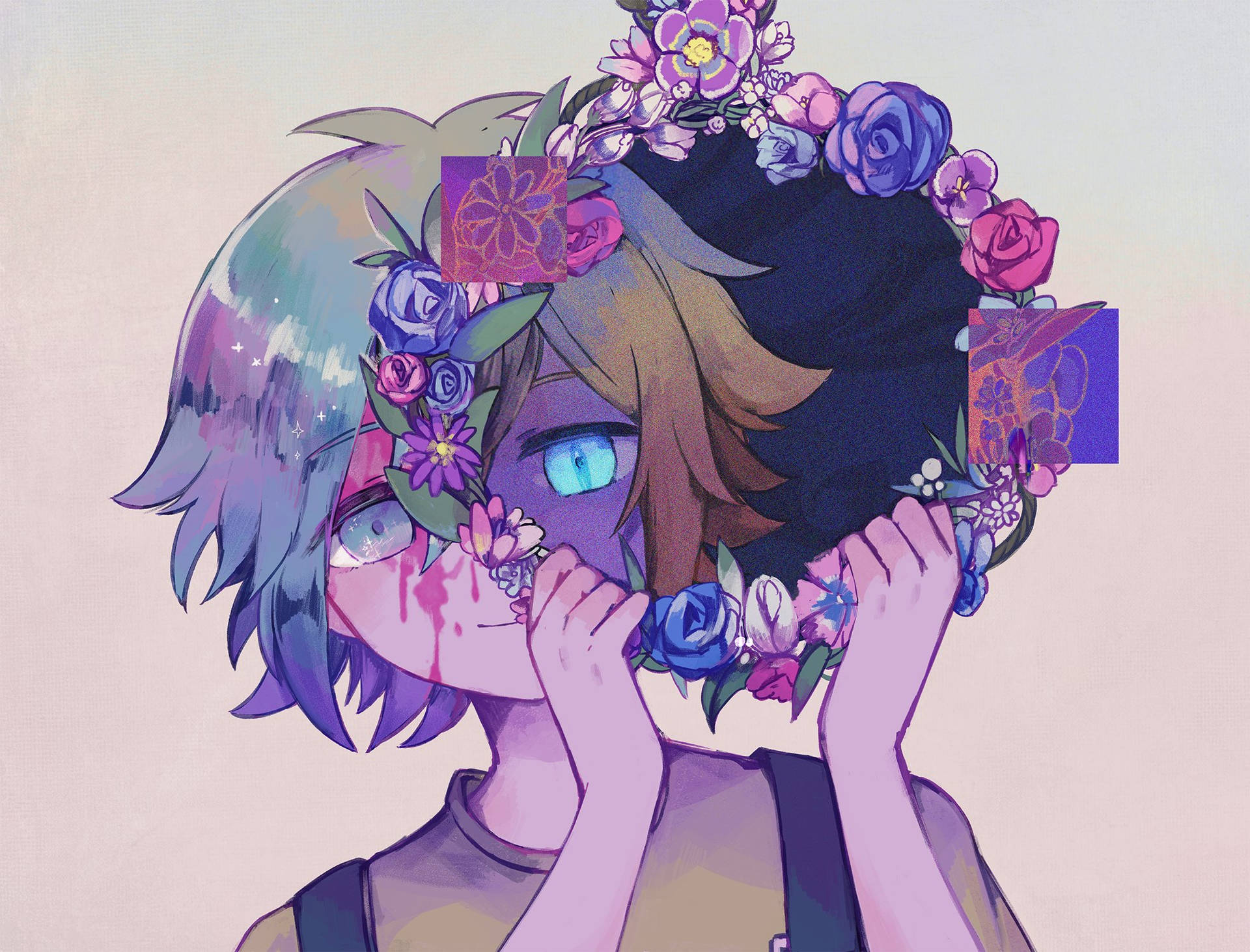 動漫女孩，藍眼睛、紫頭髮，戴著花冠，雙手捧臉。