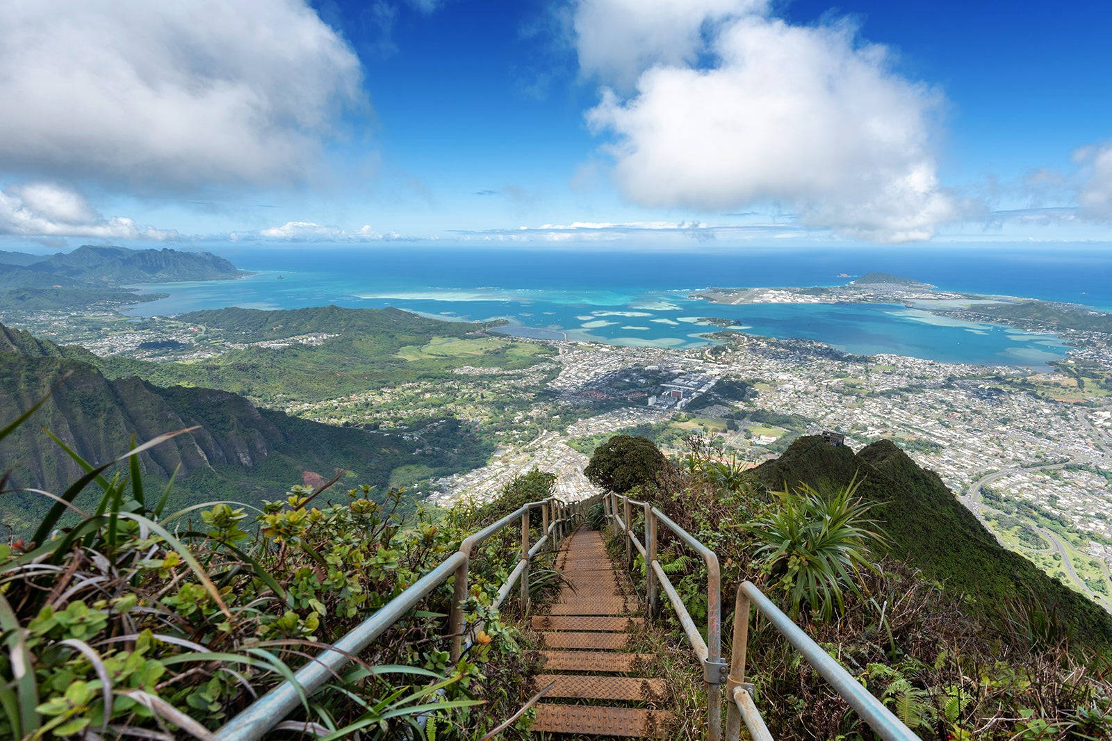 奧胡島長途登山徑 壁紙 — 一道帶有金屬扶手的木樓梯從鬱鬱蔥蔥的山脊向下延伸，俯瞰著廣闊的海濱城市和碧綠色的海洋，上方是明亮的藍天和蓬鬆的白雲。