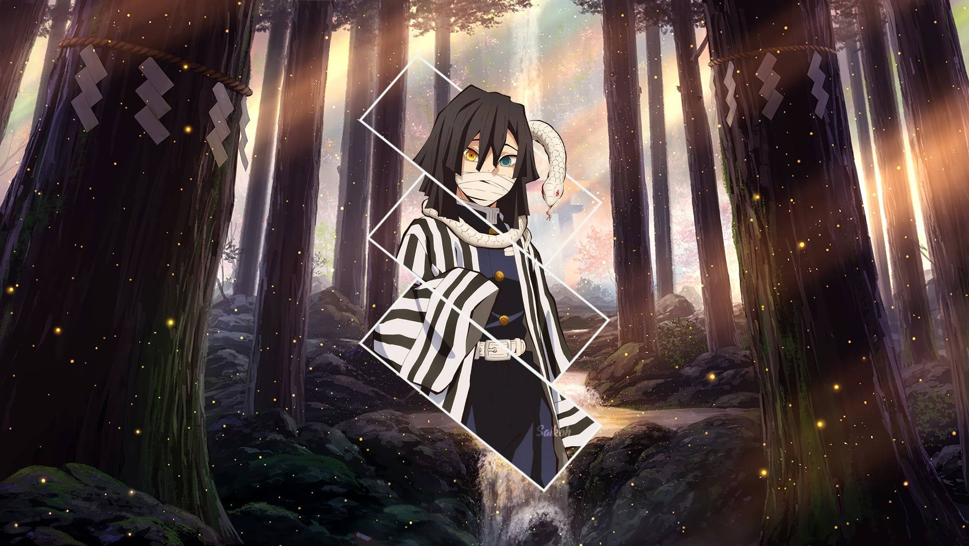 奧芭奈·伊古羅夢幻森林 壁紙 — 一個戴著面具的動漫角色，脖子上纏著一條蛇，站在沐浴在金色日落光芒中的神秘森林裡。