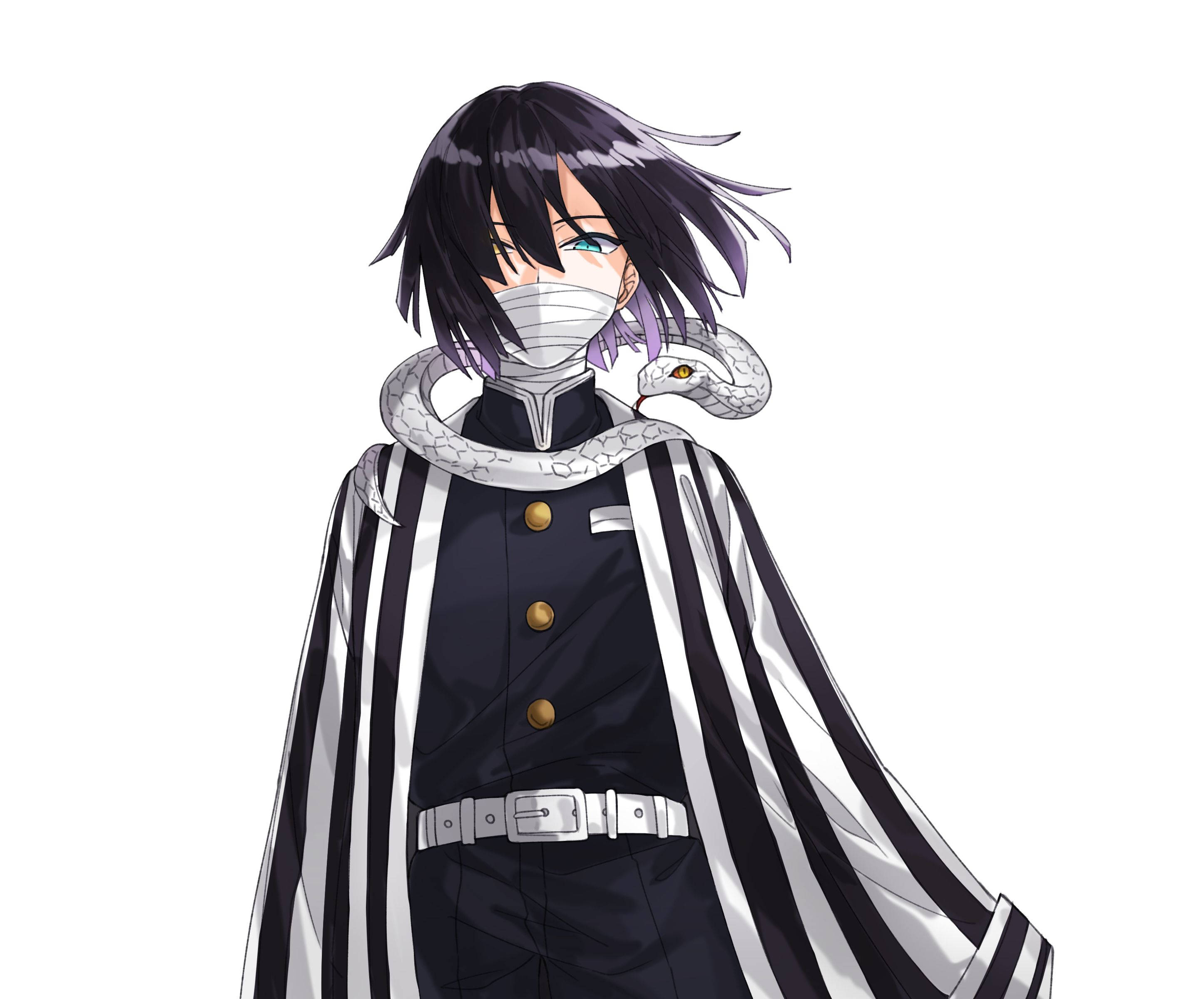奧芭奈·伊古羅日式服裝 壁紙 — 黑髮戴面具的動漫角色穿著條紋斗篷，白蛇纏繞在脖子上。