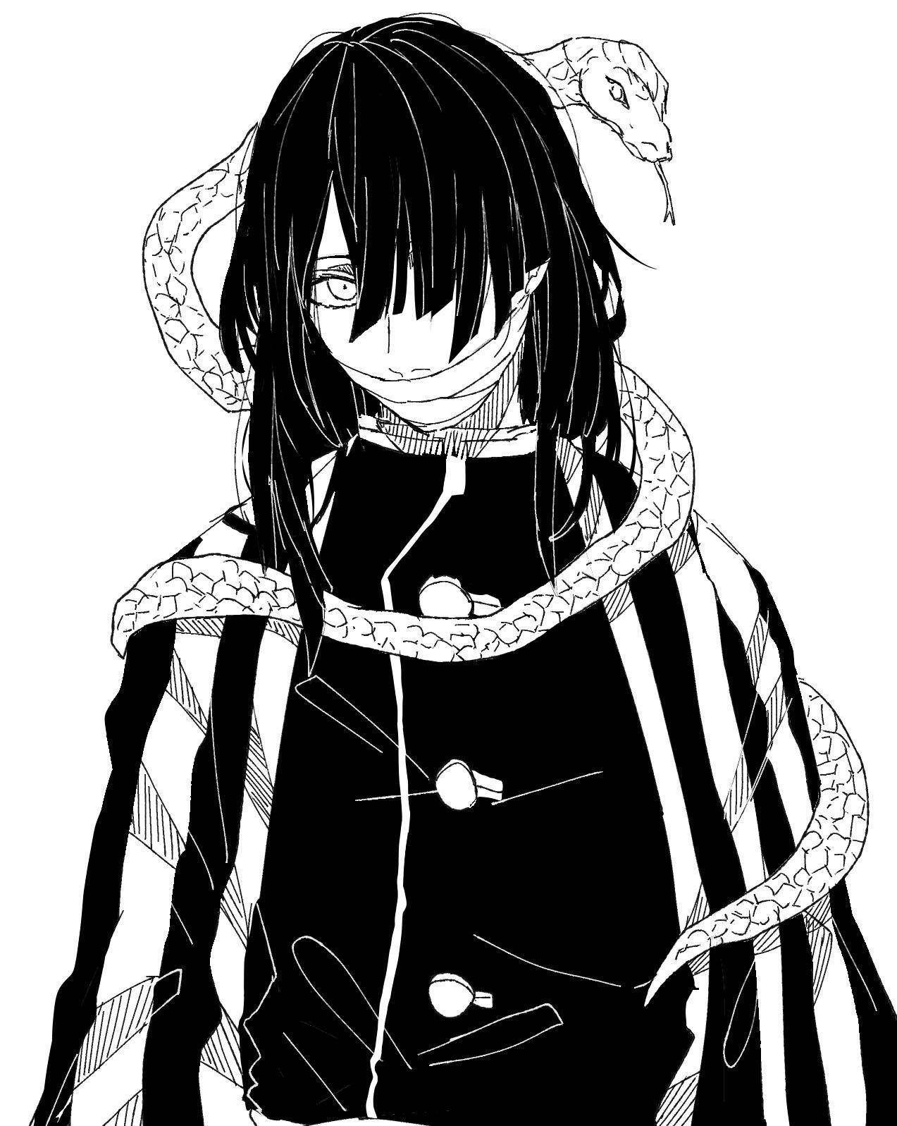 奧芭奈·伊古羅粗筆漫畫素描 壁紙 — 一個黑白動漫角色，長髮，一條蛇纏繞在他們的肩膀和頭上。