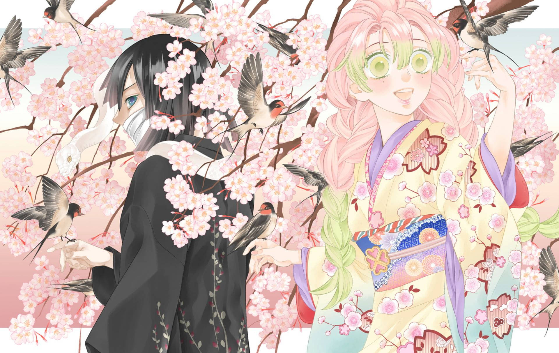 奧芭奈·伊古羅與煉獄杏壽郎 壁紙 — 兩個動漫少女穿著和服，站在盛開的櫻花樹下，鳥兒在她們周圍飛舞。