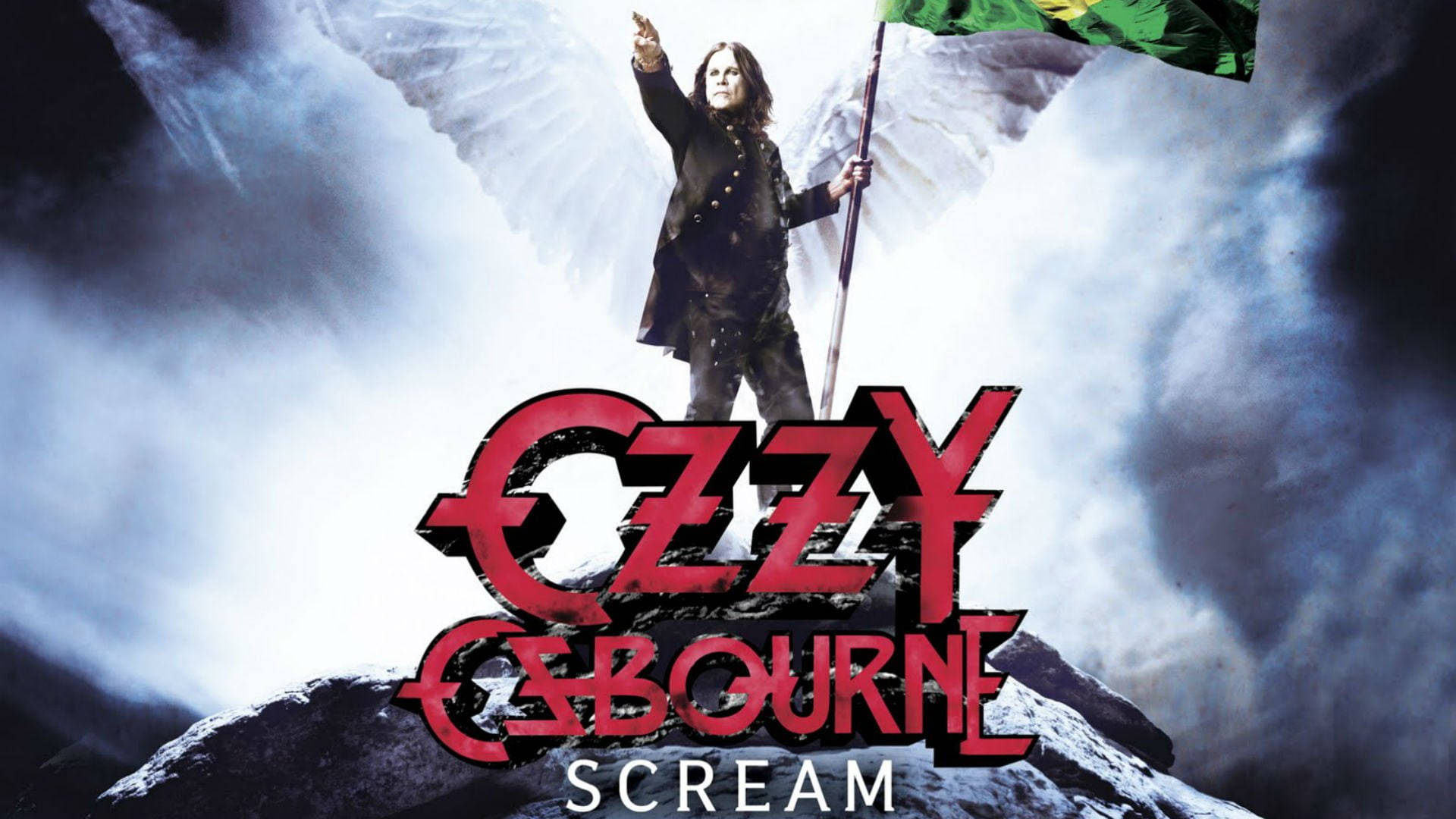 Ozzy Osbourne 帶著天使翅膀，在白雪覆蓋的山峰上舉著旗幟。