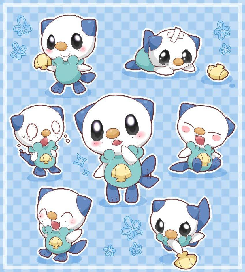 奧莎沃特的不同表情 壁紙 — 可愛的卡通 Oshawott 角色在藍色格子背景上擺出各種俏皮姿勢，並帶有花卉點綴。