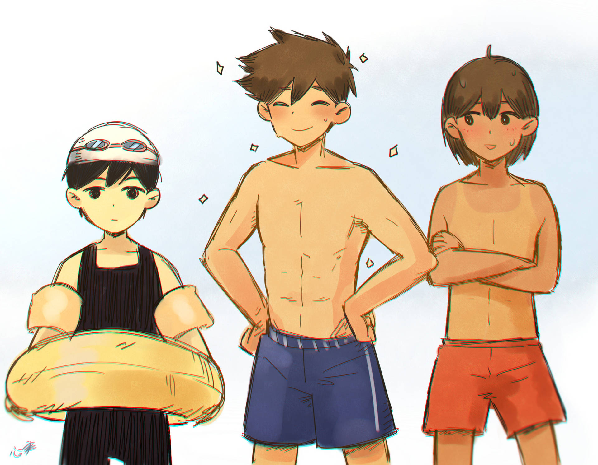 三個動漫男孩穿著泳裝在夏日戶外擺姿勢。