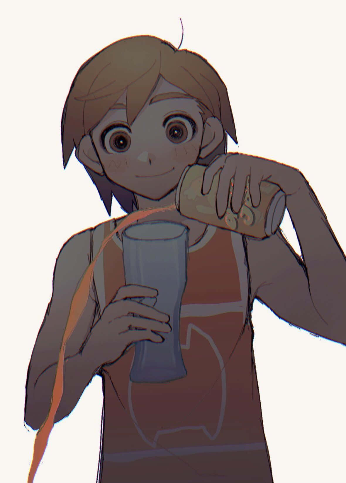 動漫角色從罐子倒飲料到玻璃杯，面帶微笑。