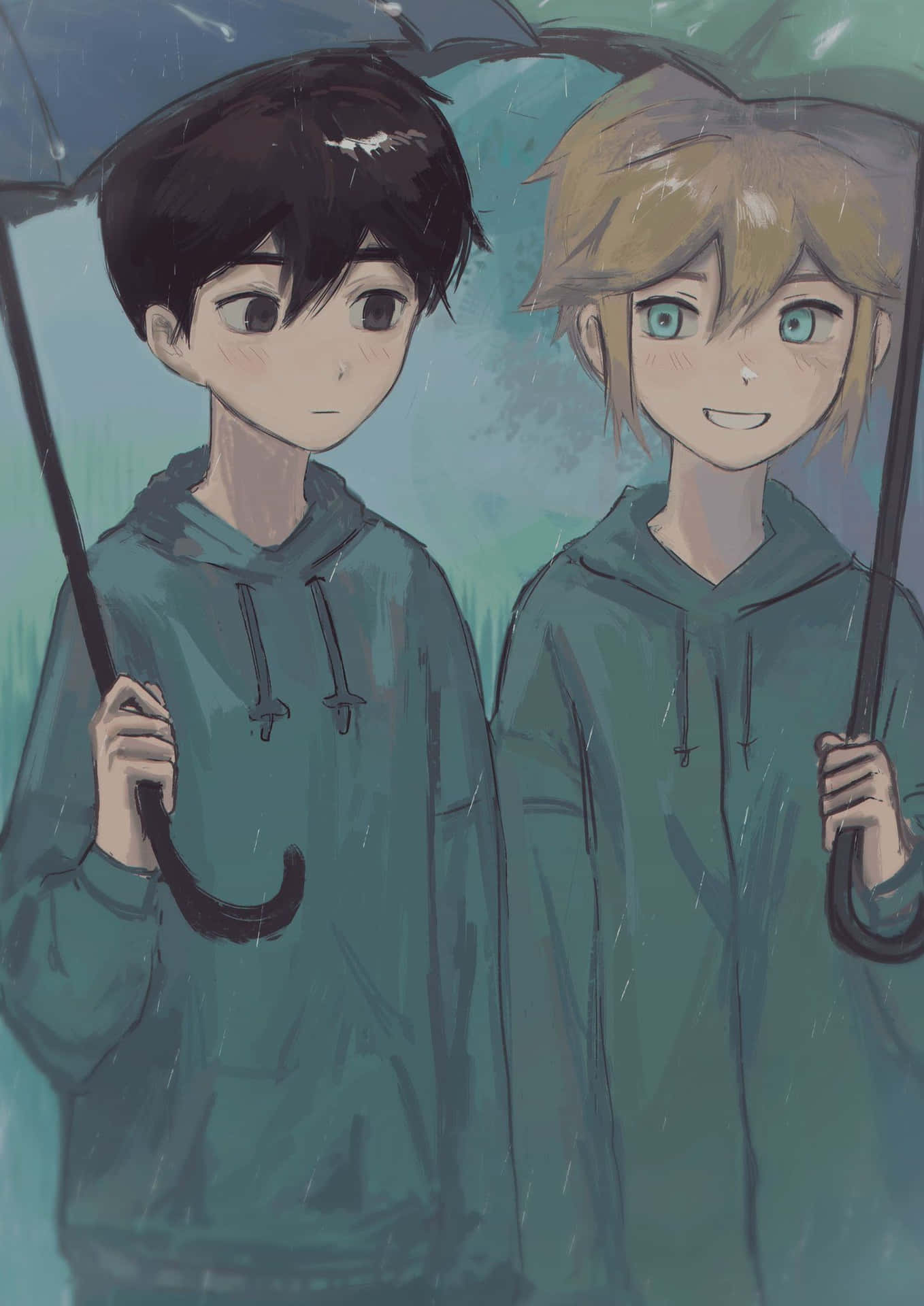 兩個動漫男孩在雨中共用一把傘，穿著青綠色連帽衫。