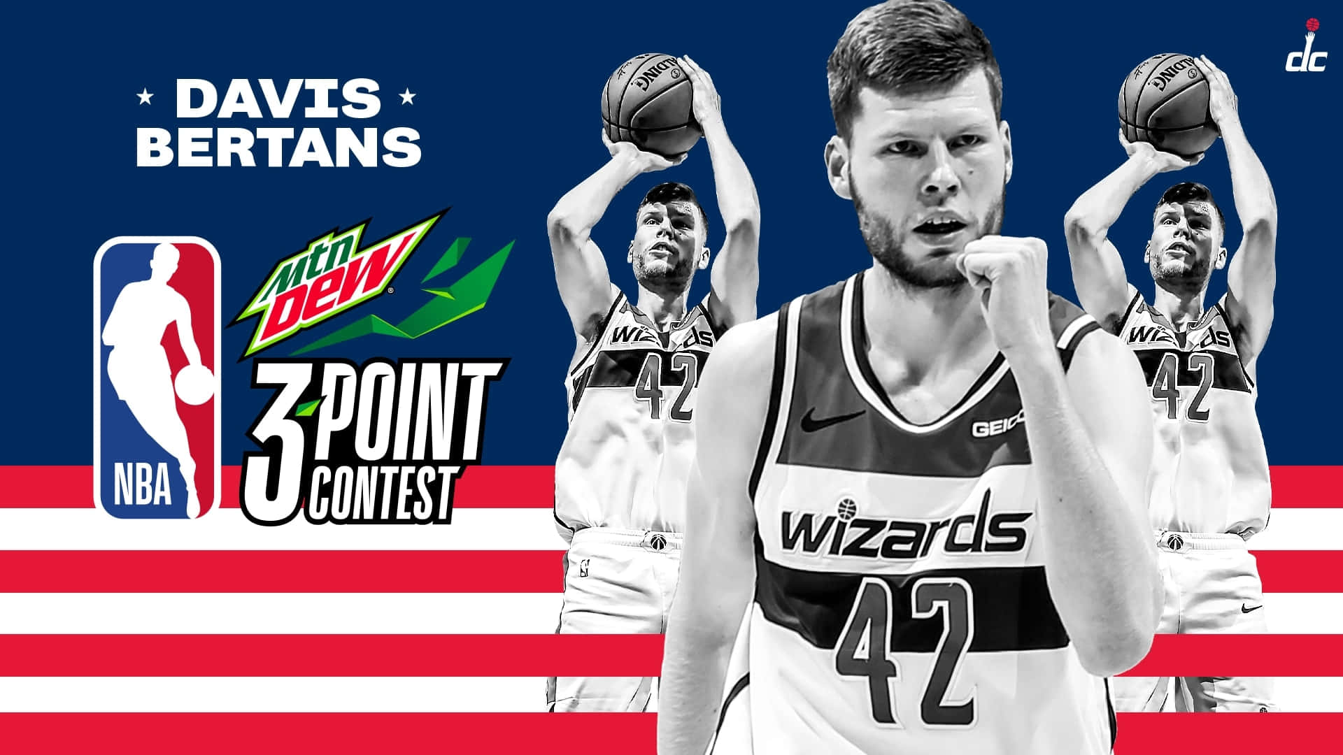 Davis Bertans 身穿巫師隊球衣，在愛國背景上帶有 Mountain Dew 品牌標誌，為 NBA 三分球大賽擺姿勢。