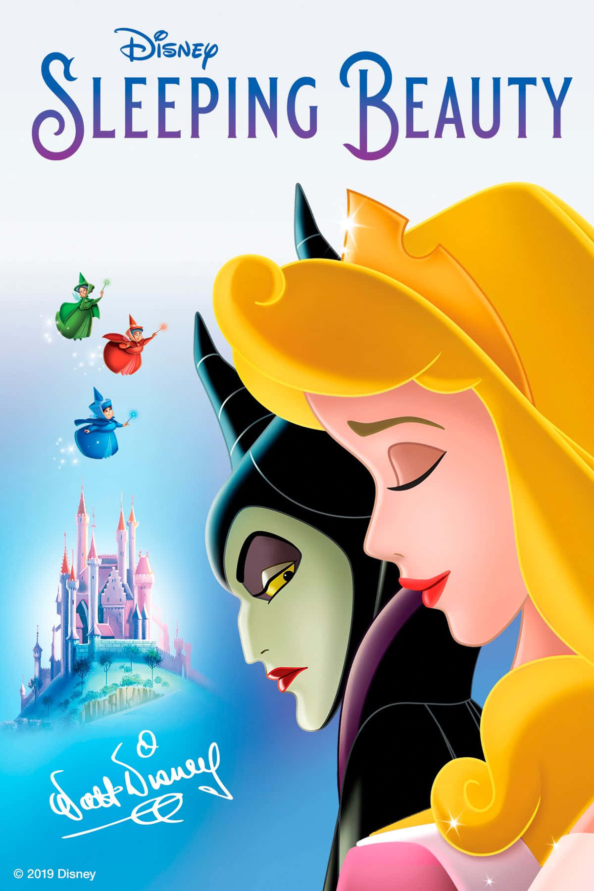 sleeping beauty 桌布 壁紙 — 奧蘿拉在瑪琳菲森旁邊安詳入睡，背景是童話城堡和飛翔仙女的風格化迪士尼海報。