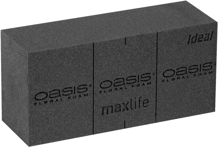 奧賽花卉保鮮磚 壁紙 — Oasis Floral Foam 的灰階盒子，帶有「Ideal」和「maxlife」標籤，以3D渲染顯示。