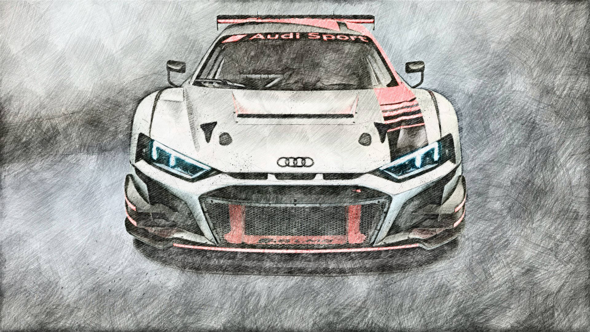 白色Audi Sport賽車，帶有粉紅色細節和藍色車頭燈，背景為紋理灰色。