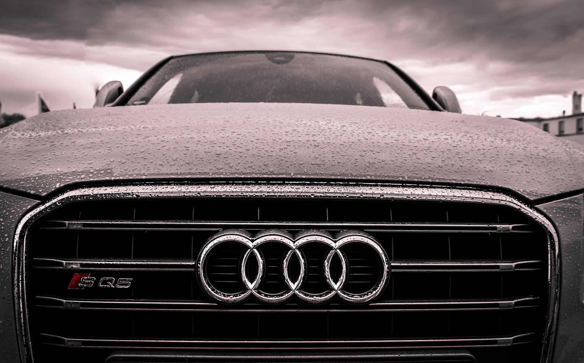 多雲天空下，雨濕的Audi SQ5正面視圖。