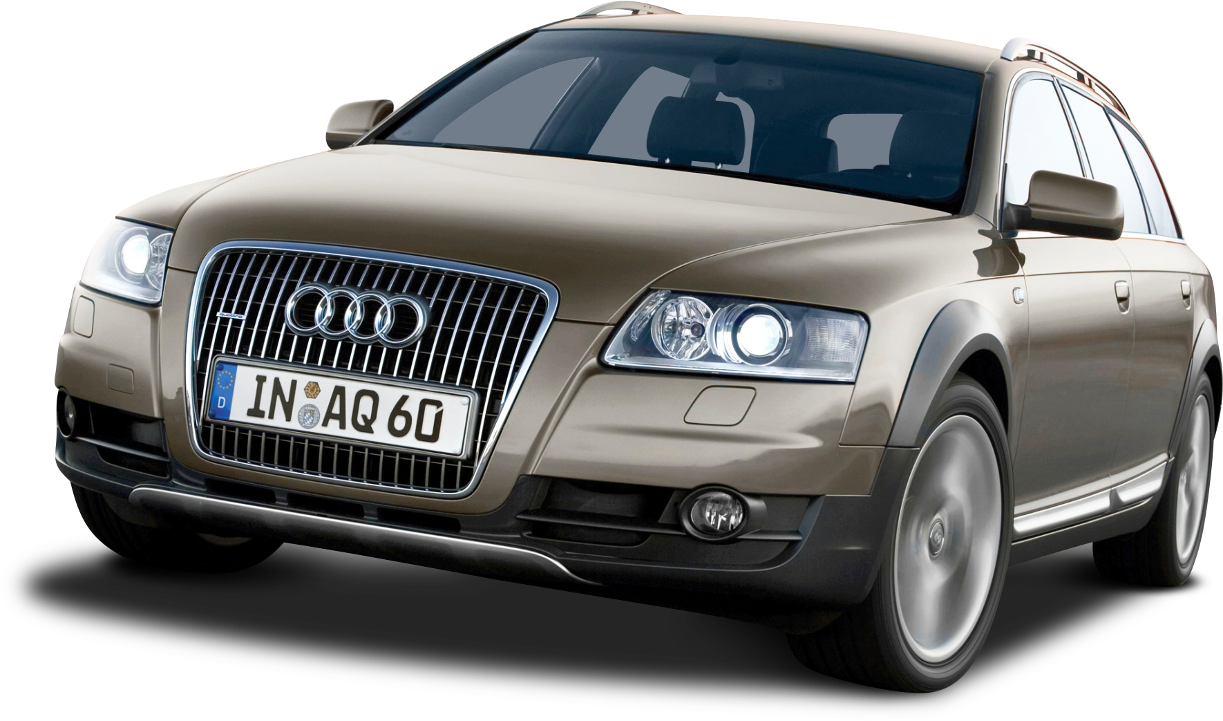 奧迪豪華旅行車 壁紙 — 一輛時尚的金色Audi Allroad SUV，配備發光頭燈，在純黑背景上蓄勢待發。