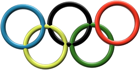 奧運五環標誌 壁紙 — 五個相扣的奧運環，顏色為藍、黃、黑、綠、紅，背景為黑色。