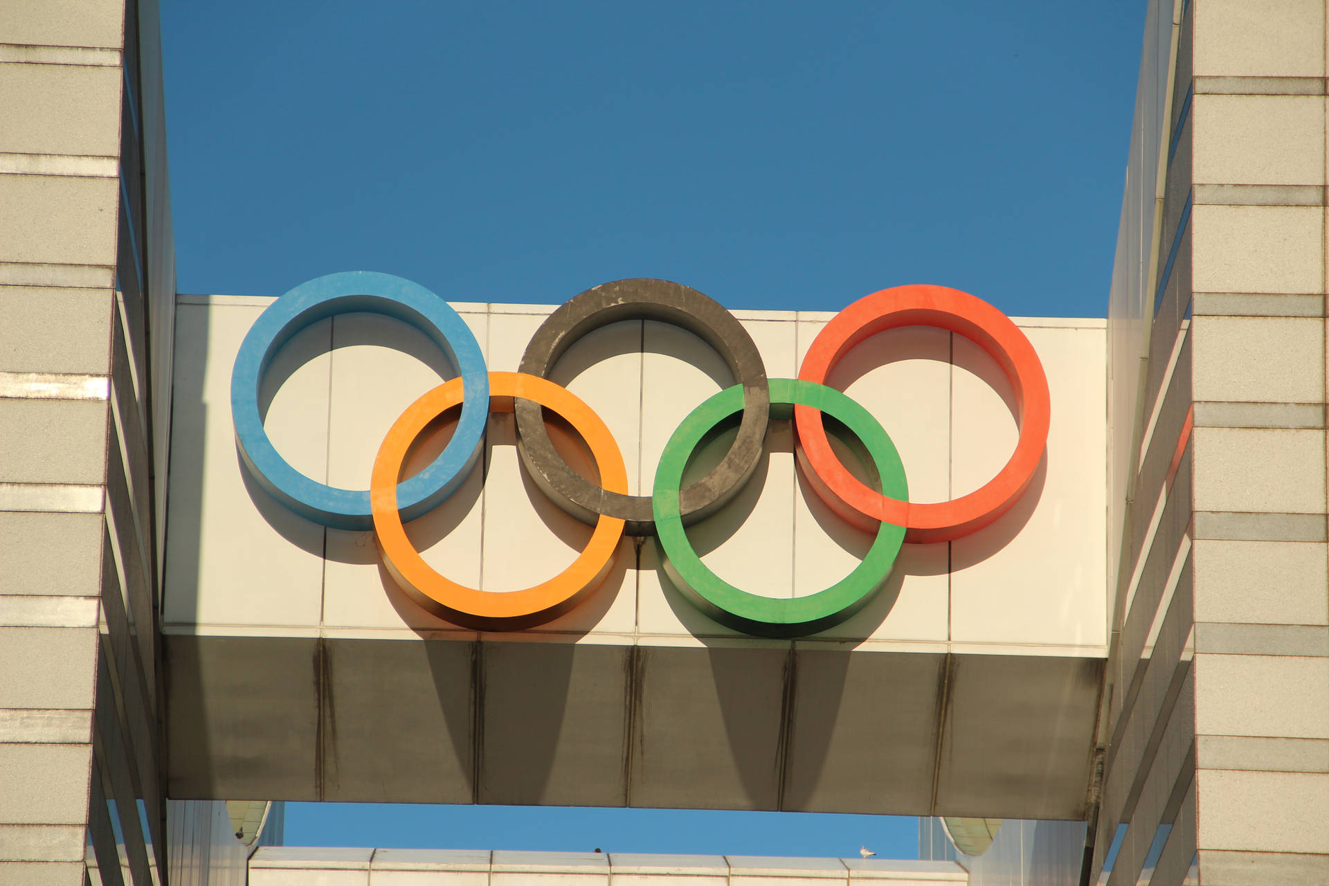 奧運五環安裝在現代建築上，在清澈的藍天下。