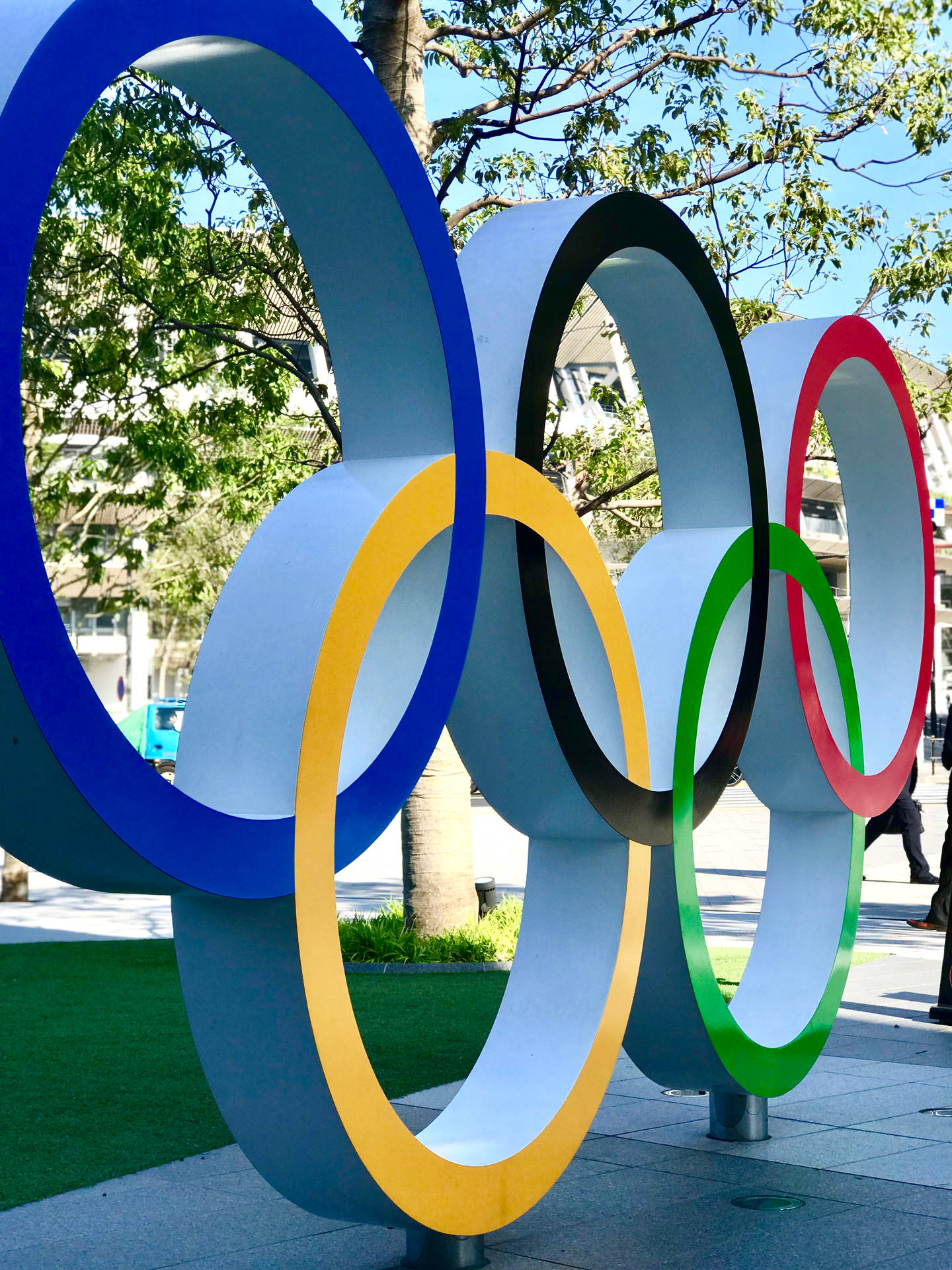 陽光普照的城市公園中的奧運五環雕塑，後面有樹木和建築物。