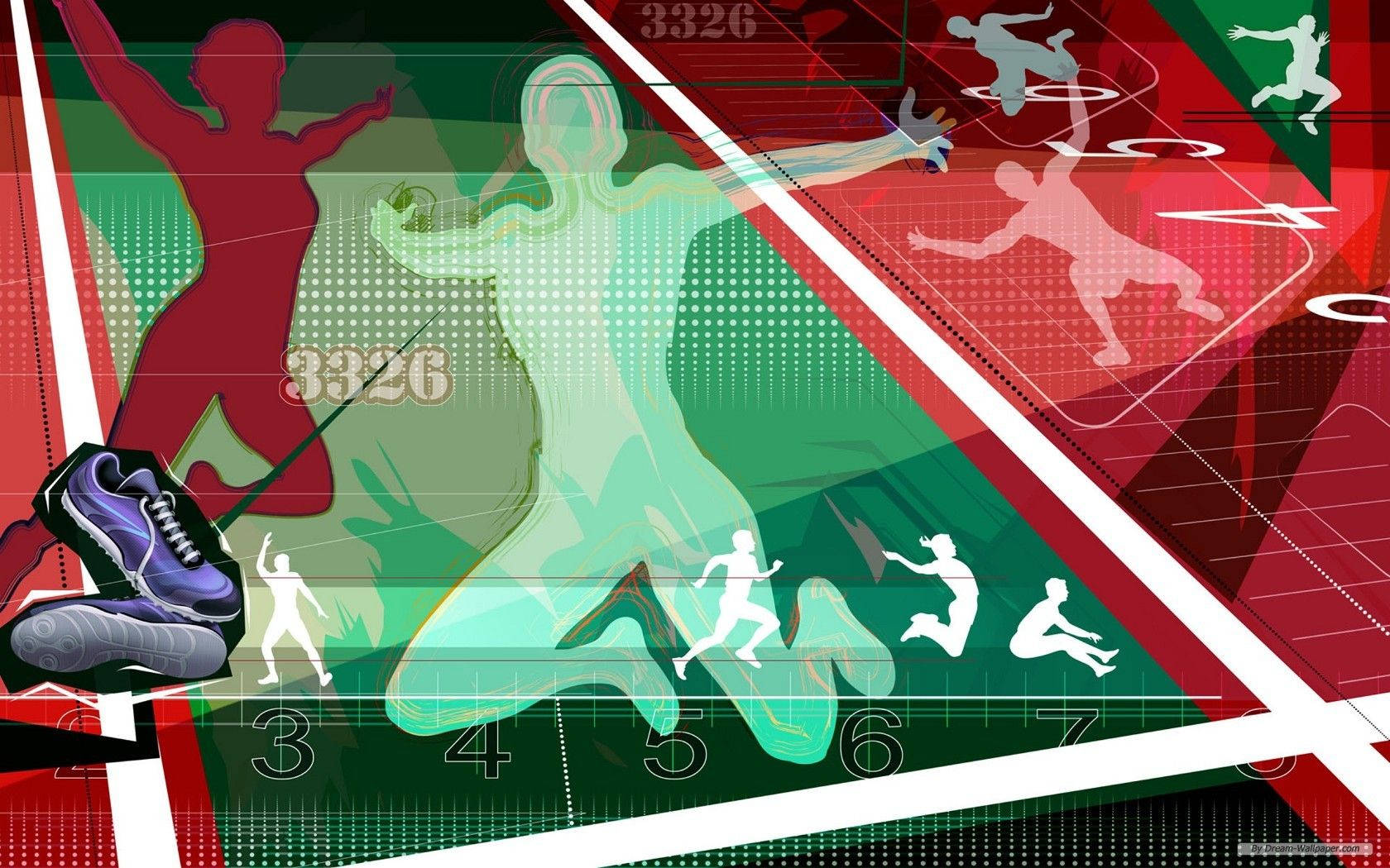 圖形設計，包含運動人物和運動鞋，背景為色彩繽紛的運動主題。 — 運動 壁紙