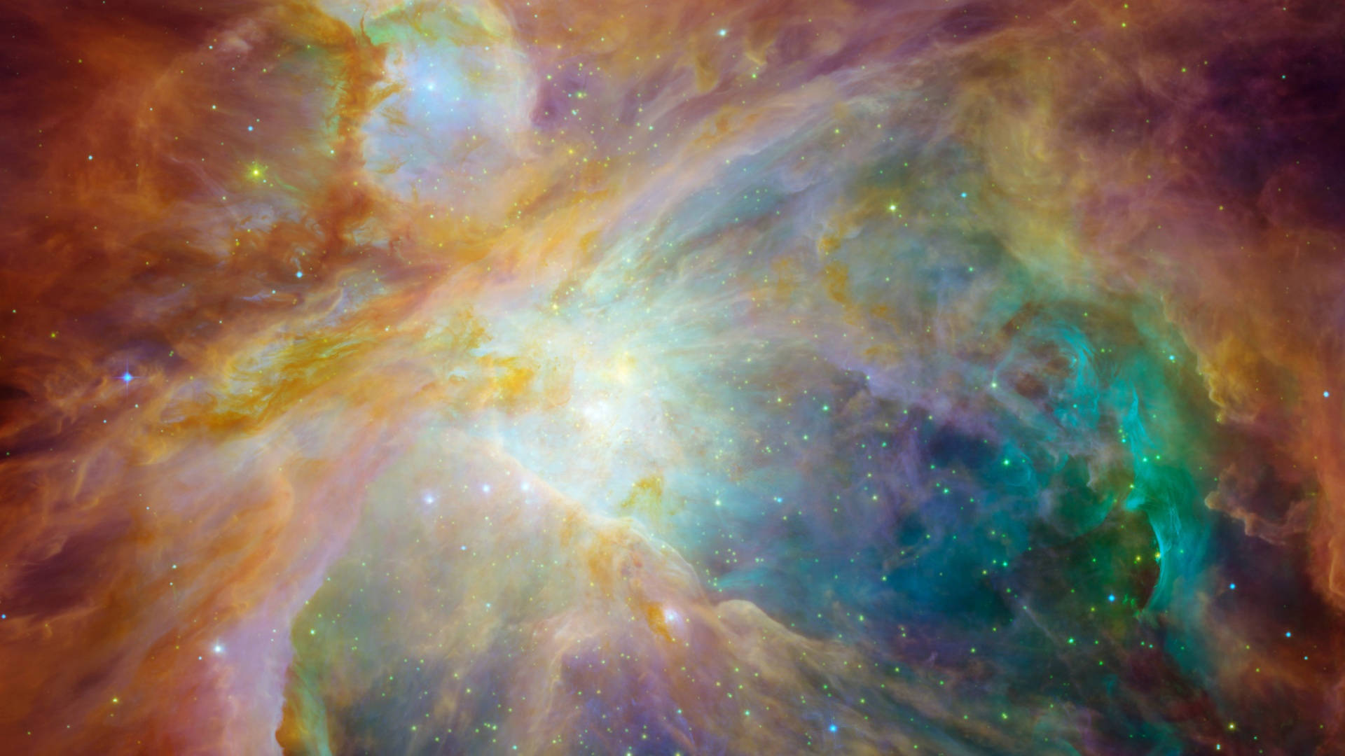 奧里昂星雲美學星系 壁紙 — 充滿活力的宇宙星雲以火熱的橙色和冷色調的青綠色旋轉，閃爍的星星散落在深空中。