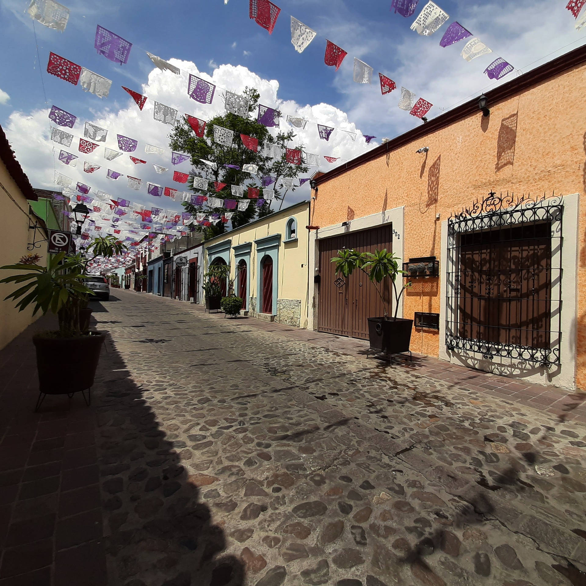 色彩繽紛的 papel picado 旗幟懸掛在鵝卵石街道上方，兩旁是殖民時期建築。