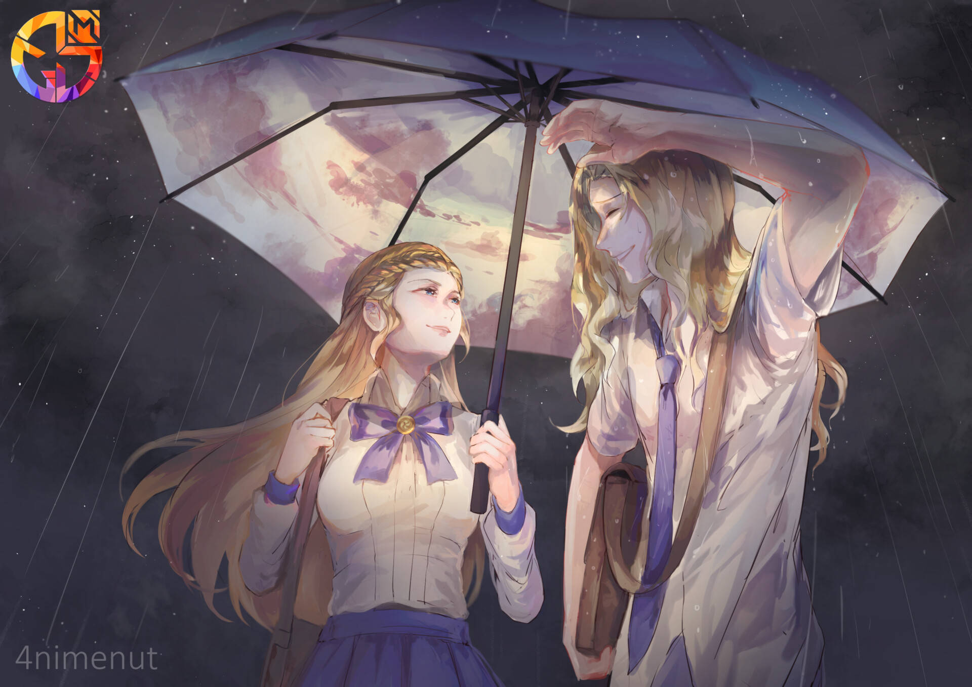 兩個動漫女孩在星空下雨中共用一把雨傘。