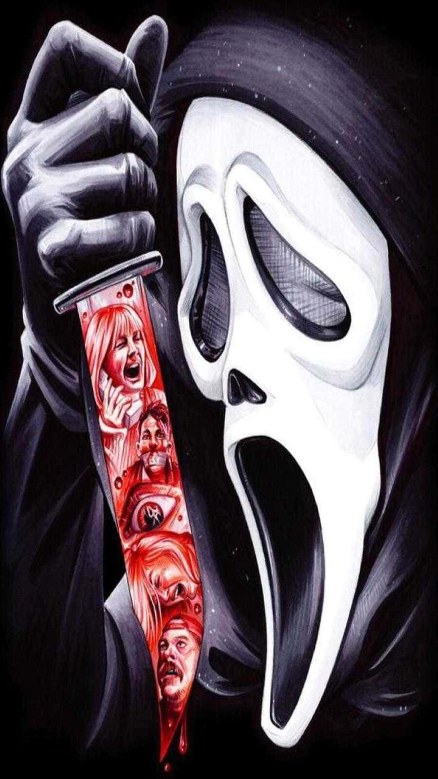 Ghostface Aesthetic 桌布 壁紙 — 《奪命狂呼》中的鬼面人手持一把沾滿鮮血的刀，刀鋒上刻有受害者的面孔，背景是黑暗的星空。