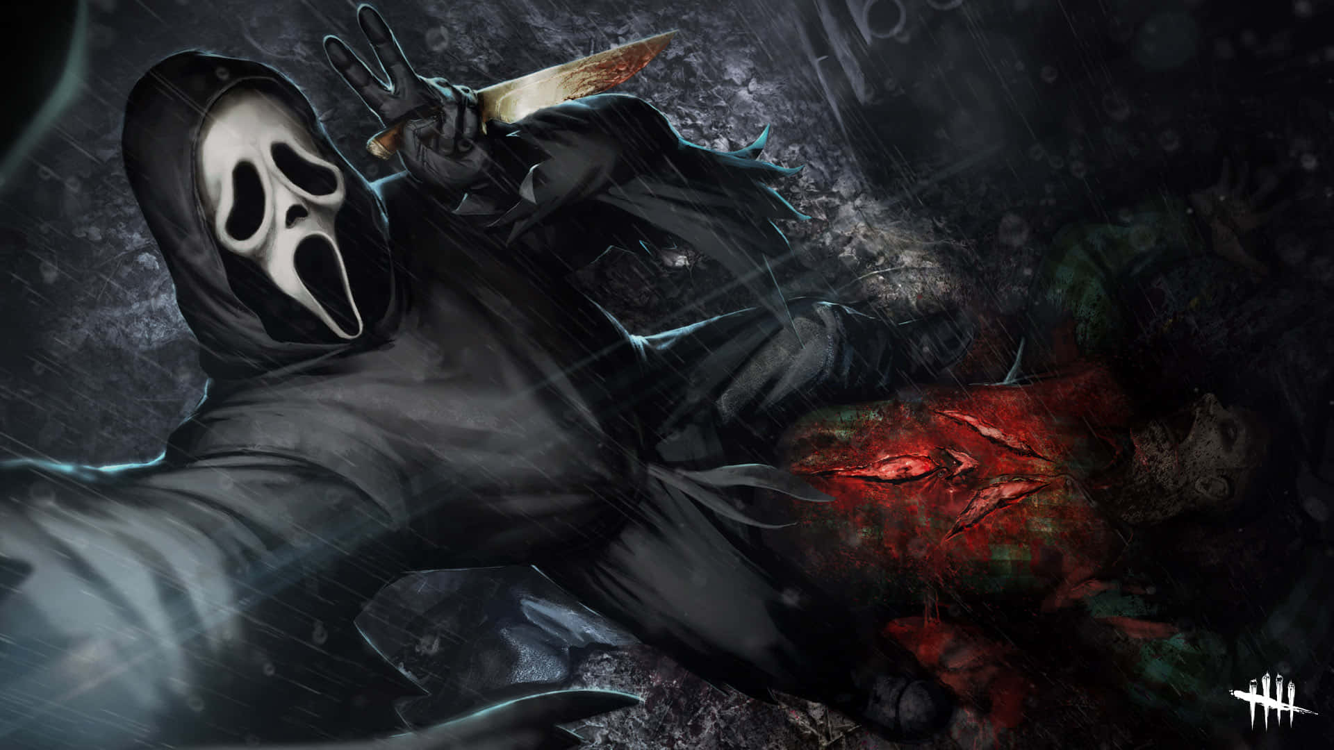 Dead By Daylight Killers 桌布 壁紙 — 《奪命狂呼》中的鬼面在黑暗的雨巷中，手持血刀對準一名傷口發紅光的受害者。