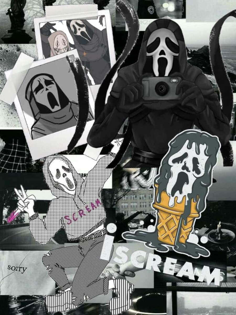 Ghostface Aesthetic 桌布 壁紙 — 《奪命狂呼》電影角色黑白拼貼畫，附有融化中的甜筒，上面有鬼面面具。