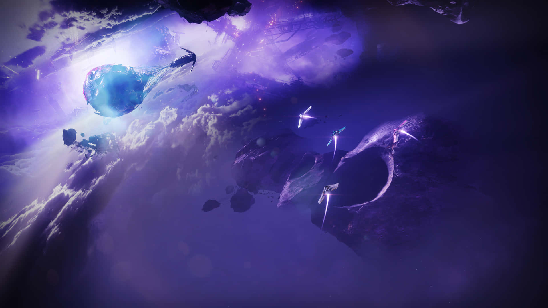 太空船在充滿漂浮小行星的鮮豔紫色星雲中航行。