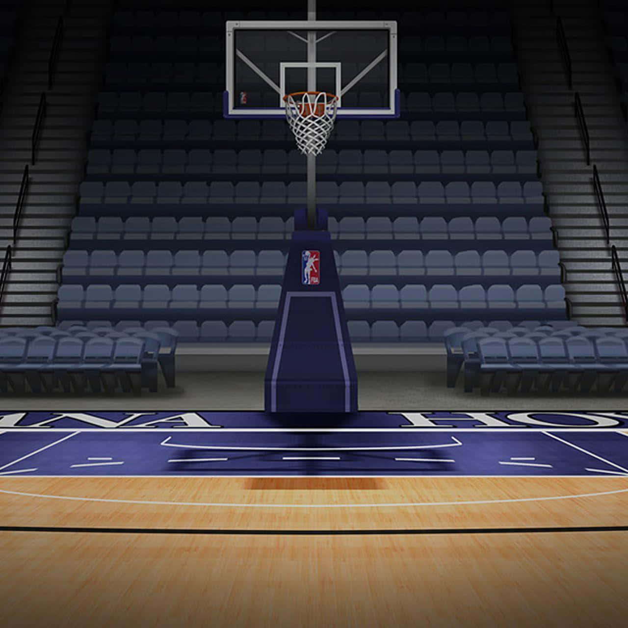 空無一人的NBA籃球場，有籃框和看台，燈光昏暗。