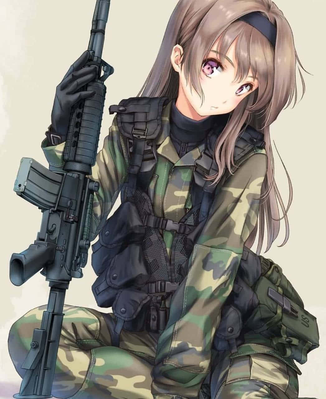 女兵動漫角色 壁紙 — 動漫女孩穿著迷彩裝備，在純色背景下嚴肅地握著步槍。