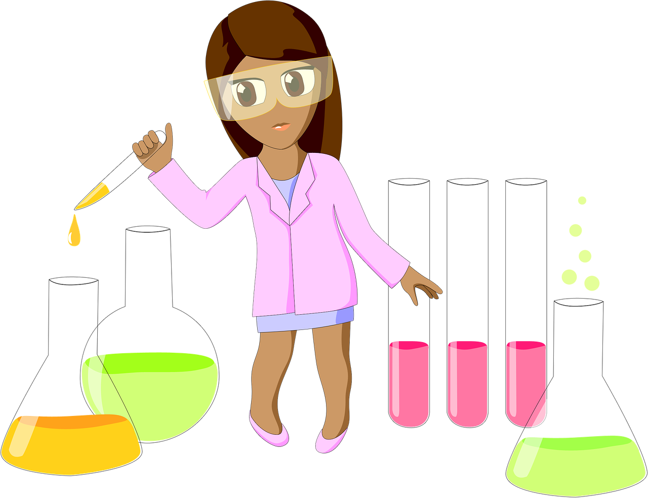 女化學家進行實驗 壁紙 — 一位身穿粉紅色實驗袍的卡通科學家，將黃色液體滴入一個被色彩繽紛的實驗室玻璃器皿包圍的燒瓶中。